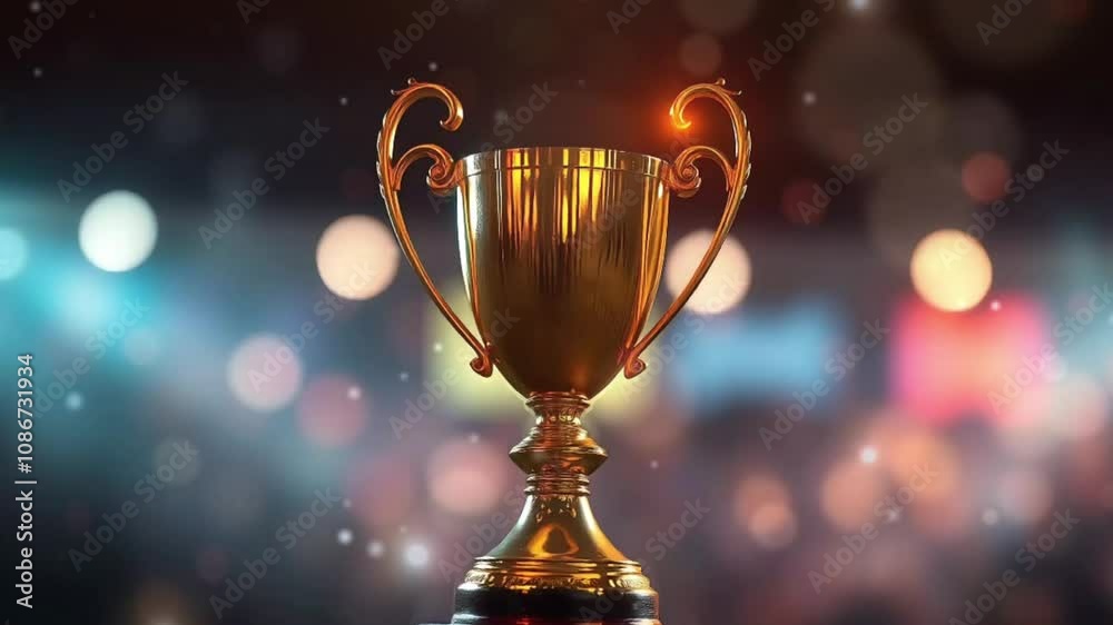 Golden trophy displayed on a pedestal in a stadium, illuminated by spotlights, representing victory, achievement, and the culmination of hard work. Golden trophy displayed on a pedestal in a stadium, illuminated by spotlights, representing victory, achievement, and the culmination of hard work.
