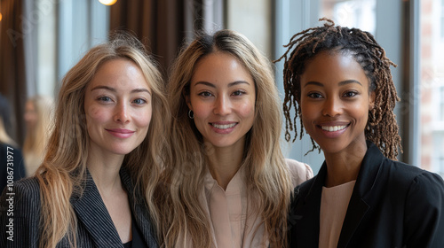 Empowered women celebrating together in modern workplace setting, showcasing diversity and unity. Their smiles reflect joy and camaraderie