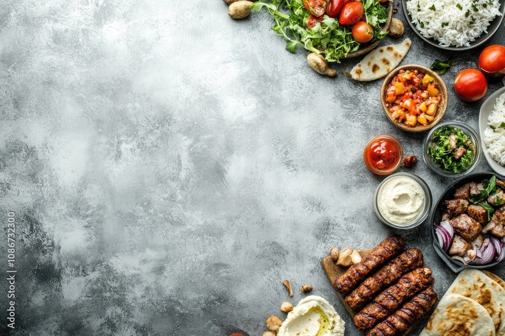 Grilled Kebabs Served With Rice Sauces And Flatbreads Grilled Kebabs Served With Rice Sauces And Flatbreads