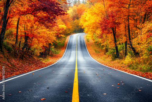 Enchanting Autumn Road Surrounded by Golden Trees in Serene Forest Landscape