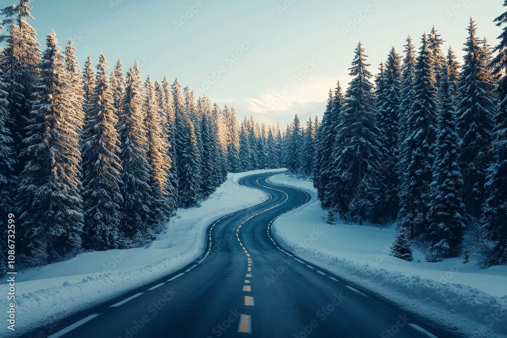 Fototapeta premium Winter Road Curving Through a Snowy Forest with Warm Glow of Sunset