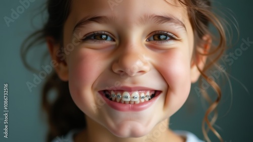 Close-up portrait of a smiling child with orthodontic braces