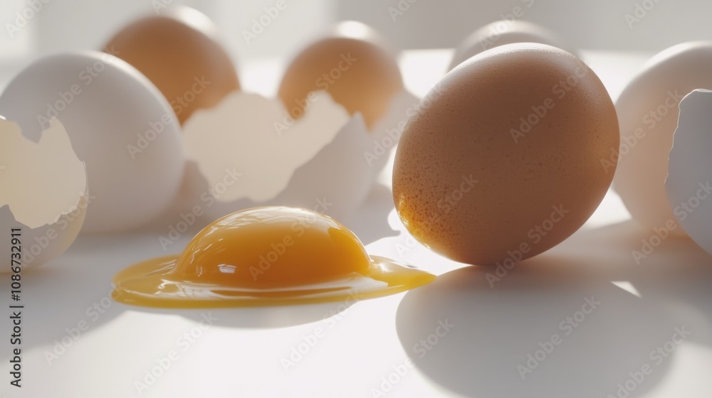 Cracked egg with yolk spilling out surrounded by empty eggshells, symbolizing food safety recall on clean white surface..