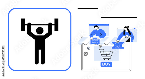 Man lifting barbell next to online shopping scene with cart and cashback icons. Ideal for fitness, e-commerce, online shopping, discounts, marketing, health, and digital-transactions. Line metaphor