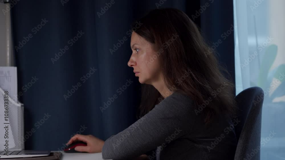 Woman working at desk on computer at home, concentrated face of woman looking attentively at laptop screen. Light smile on face. Woman working at desk on computer at home, concentrated face of woman looking attentively at laptop screen. Light smile on face.