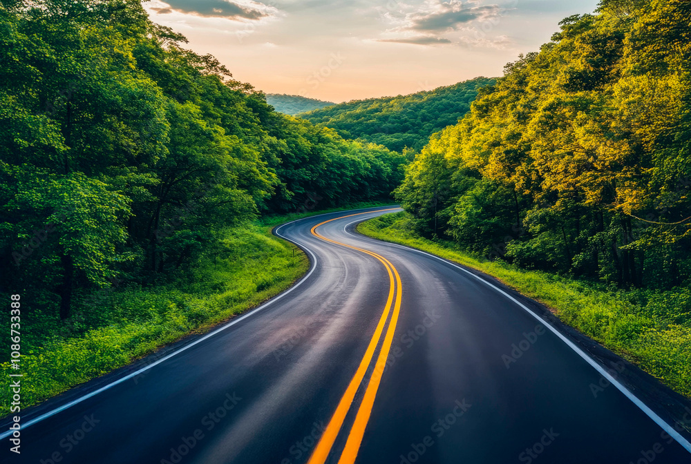 Fototapeta premium Serene Tree-Lined Road Surrounded by Lush Greenery with a Carpet of Fallen Leaves