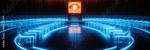 Transparent Rows of Floating Chairs Arranged in a Spiral Around a Stage, with Speakers Projecting Holograms 