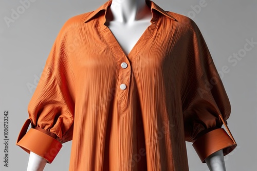 3D Visualization of Modern Crinkled Orange V Neck Tunic Shirt with Button Details in Trendy Fashion photo