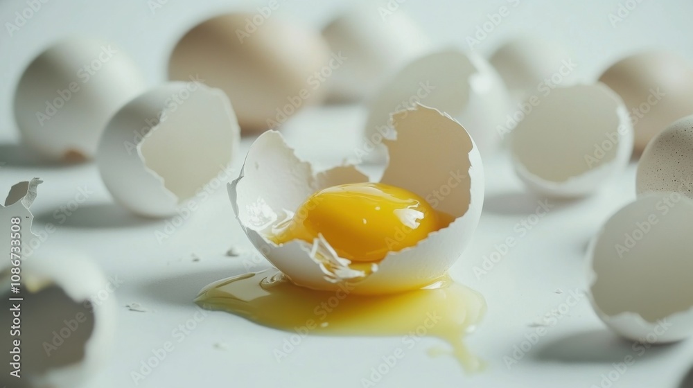 Cracked egg with yolk spilling out surrounded by empty eggshells, symbolizing food safety recall on clean white surface.. Cracked egg with yolk spilling out surrounded by empty eggshells, symbolizing food safety recall on clean white surface..