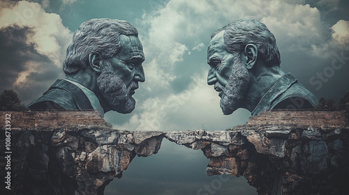 Two giant statues of political figures facing off across a cracked bridge, representing ideological division  photo