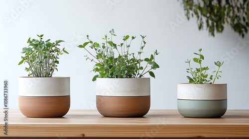 Wallpaper Mural Three potted plants with green leaves sit on a light wood surface against a white wall. Torontodigital.ca