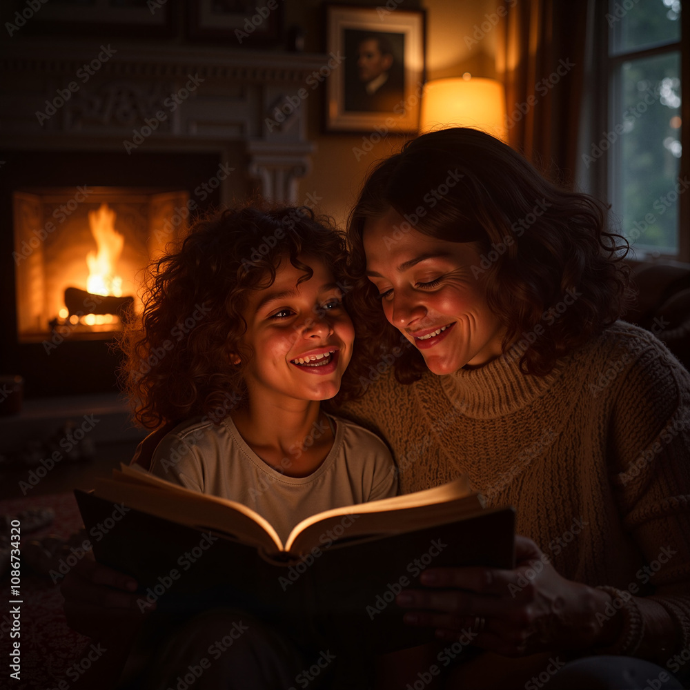 Mother and daughter reading by the fireplace, warm and cozy evening Mother and daughter reading by the fireplace, warm and cozy evening