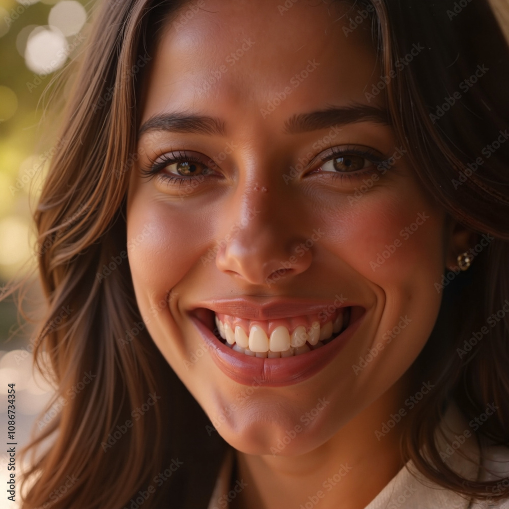 Close-up of a smiling woman with natural light, joyful and radiant expression Close-up of a smiling woman with natural light, joyful and radiant expression