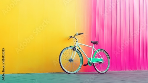 White Bicycle Leaning Against Vibrant Yellow and Pink Wall