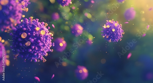 A close up of a cluster of pink viral cells in a human microorganism. An abstract background surrounded by other blue particles. Illustration of medical and antidote concepts