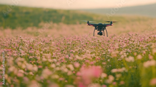 Drone Flying Over Field of Flowers