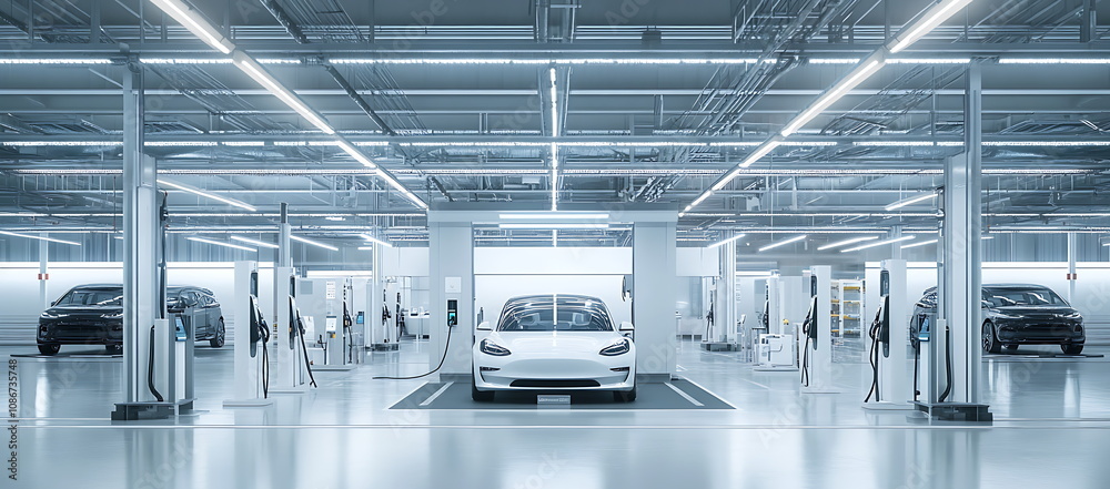 Obraz premium Angular white electric vehicles charging