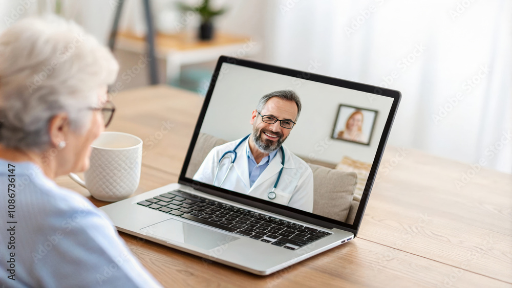 telemedicine session with smiling doctor on laptop screen telemedicine session with smiling doctor on laptop screen