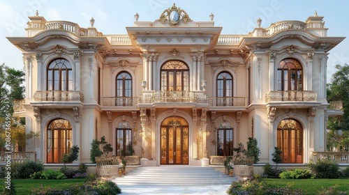 3D model of a luxury mansion with a grand entrance and intricate architectural details, isolated on white.