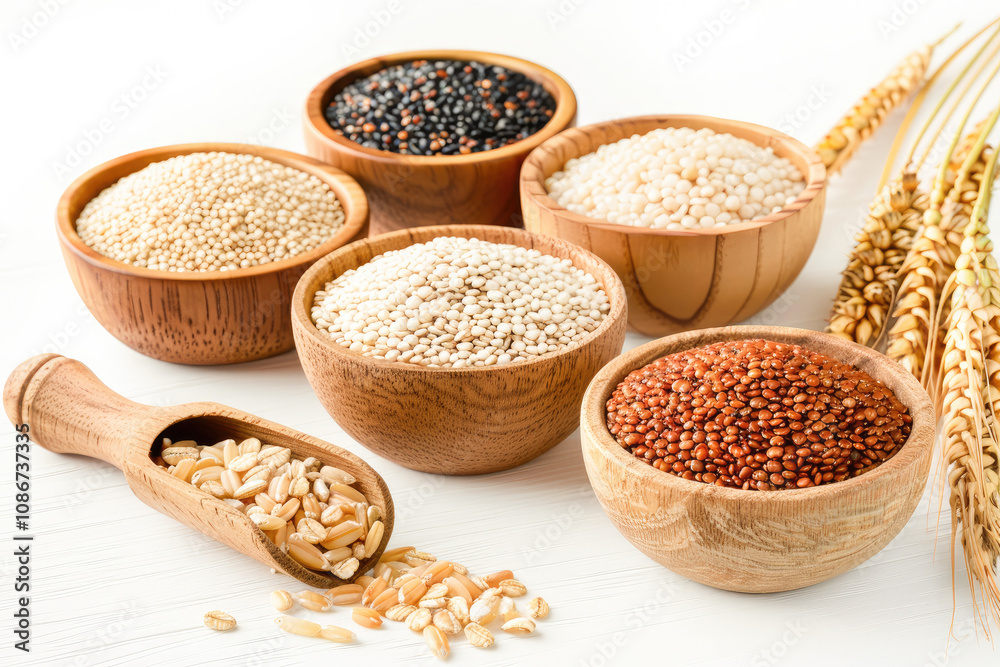 Assortment of whole grains in wooden bowls with wheat stalks, showcasing natural and healthy food choices. Assortment of whole grains in wooden bowls with wheat stalks, showcasing natural and healthy food choices.