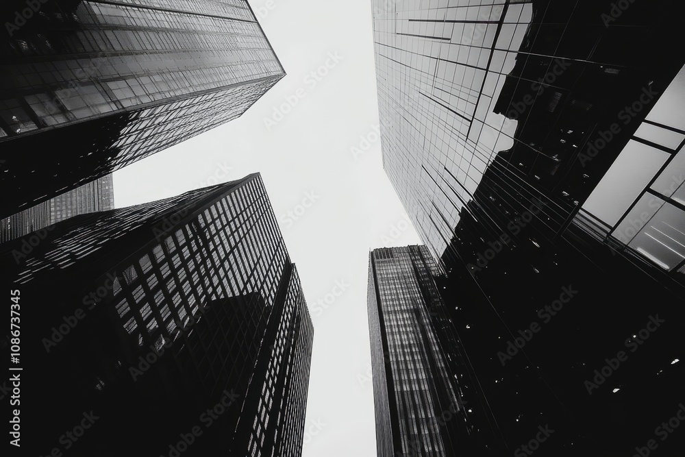 Fototapeta premium Black and white photography of skyscrapers, a minimalist aesthetic.