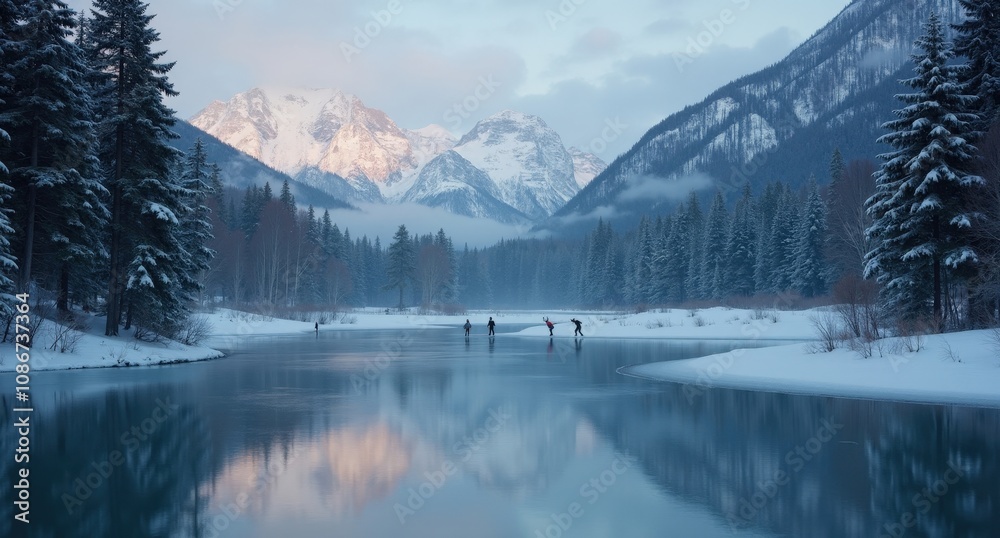 Fototapeta premium A frozen lake near snowy mountains and evergreens, its surface reflecting silver starlight. Skaters’ movements echo the serene rhythm of nature's silent beauty. 