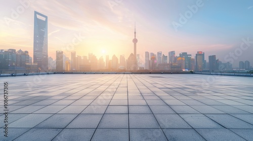 Empty square floor with city skyline background, Health and Wellness District transformation, afternoon