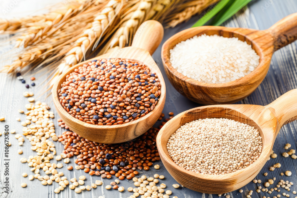 Assortment of whole grains in wooden bowls with wheat stalks, showcasing natural and healthy food choices. Assortment of whole grains in wooden bowls with wheat stalks, showcasing natural and healthy food choices.
