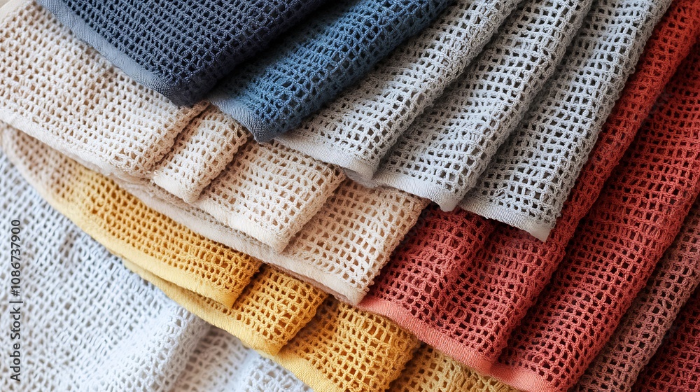 Stack of colorful textured fabrics with grid pattern, various earthy tones. Stack of colorful textured fabrics with grid pattern, various earthy tones.