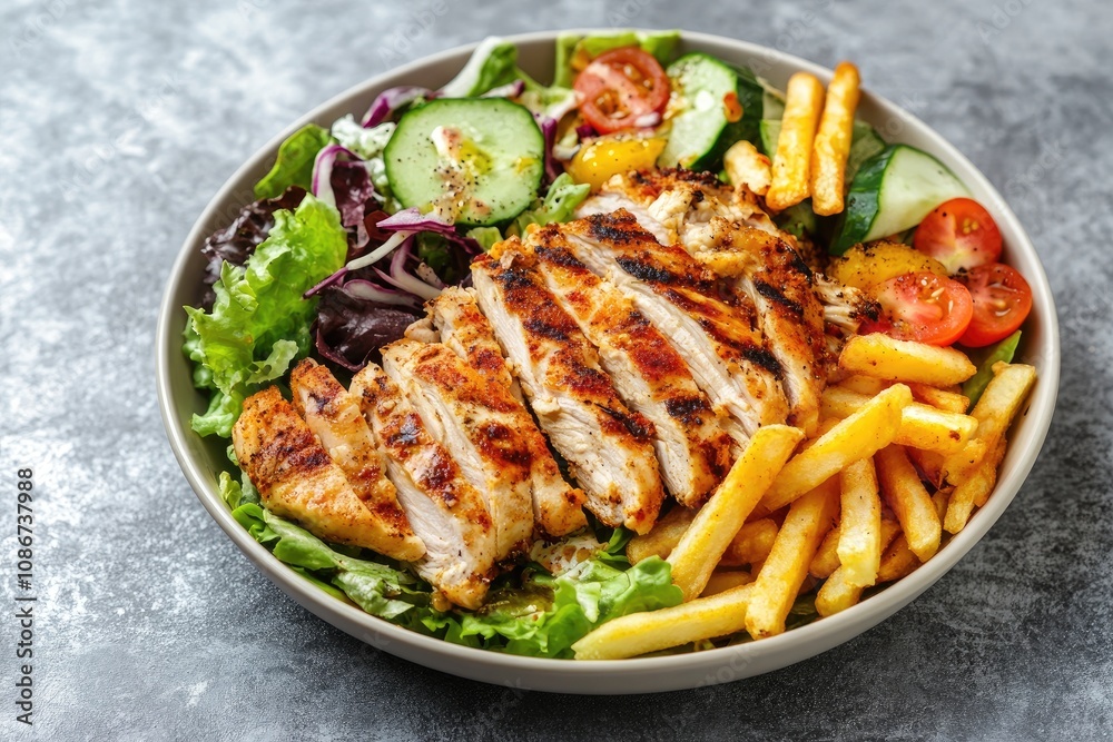Grilled Chicken Salad with French Fries and Fresh Vegetables Grilled Chicken Salad with French Fries and Fresh Vegetables
