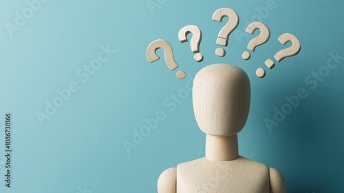 Wooden Figure with Question Marks Above Its Head