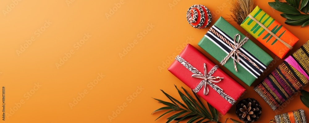 Fototapeta premium Kwanzaa Zawadi gift concept. A vibrant display of colorful wrapped gifts surrounded by decorative ornaments on a warm orange background