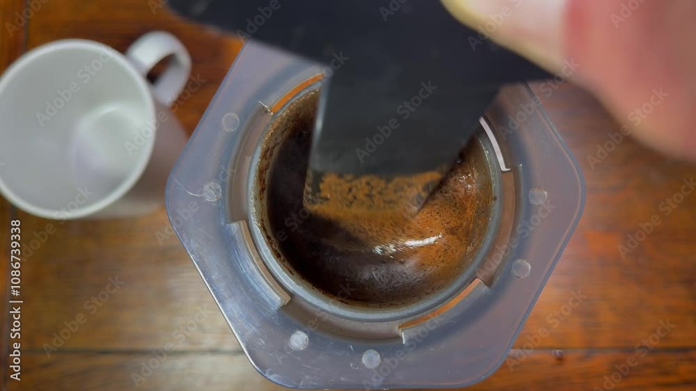 Closeup overhead slow motion shot of a hand stirring a rich, frothy, dark coffee as it brews in a manual coffee maker. Closeup overhead slow motion shot of a hand stirring a rich, frothy, dark coffee as it brews in a manual coffee maker.