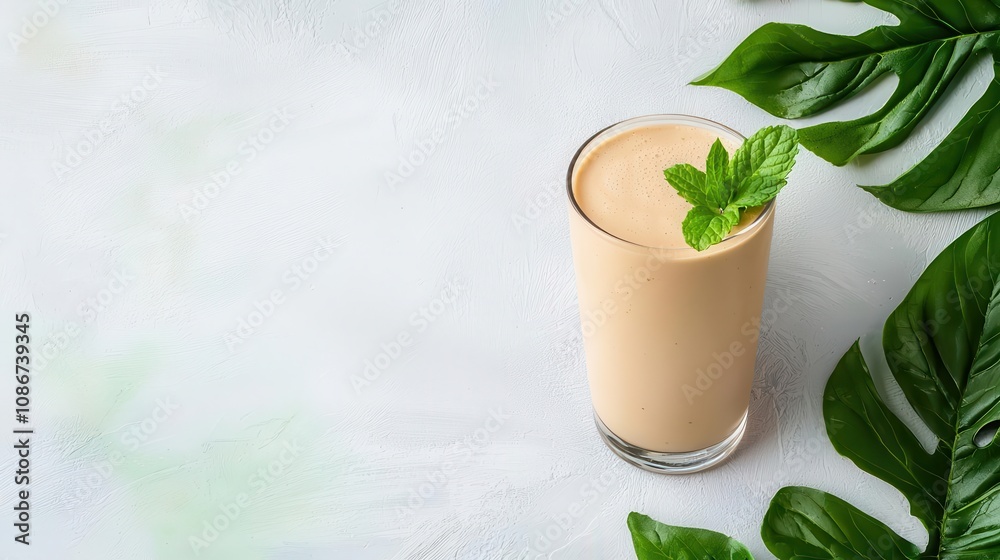 Banana smoothie in a glass with mint leaves, refreshing and energizing Banana smoothie in a glass with mint leaves, refreshing and energizing
