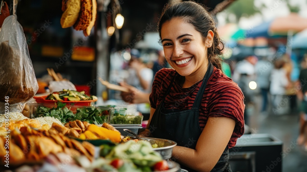 Smiling Woman Selling Fresh Food at a Market Stall