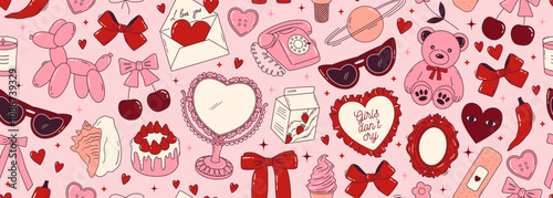 Seamless vector banner with coquette girly elements in pink and red color. Vintage mirror, cake, bear, telephone, bows in hand drawn style on background. Pattern with cute romantic accessories