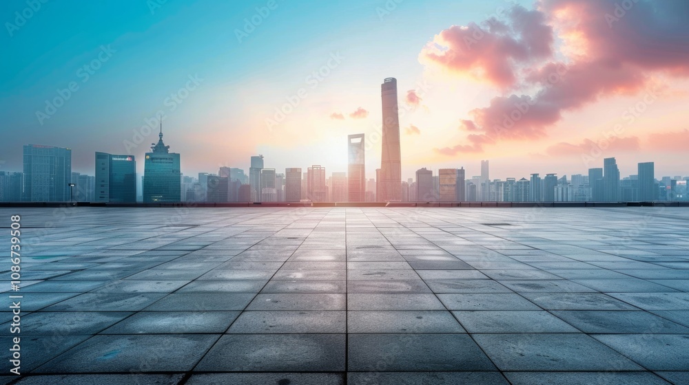 Empty square floor with city skyline background, Sports Arena redevelopment, dusk Empty square floor with city skyline background, Sports Arena redevelopment, dusk