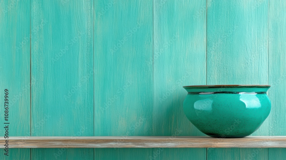 Turquoise ceramic bowl on a wooden shelf against a teal wooden wall, AI Turquoise ceramic bowl on a wooden shelf against a teal wooden wall, AI