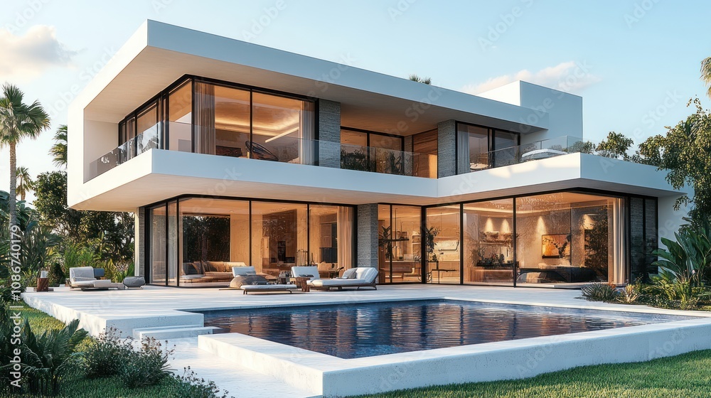 3D model of a luxury vacation home with expansive terraces and sleek modern design, isolated on white.