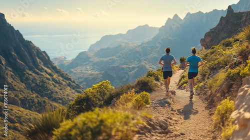 Two friends running along a mountain trail.