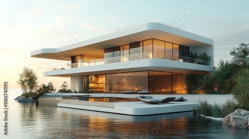 3D model of a luxury vacation home with expansive terraces and sleek modern design, isolated on white.