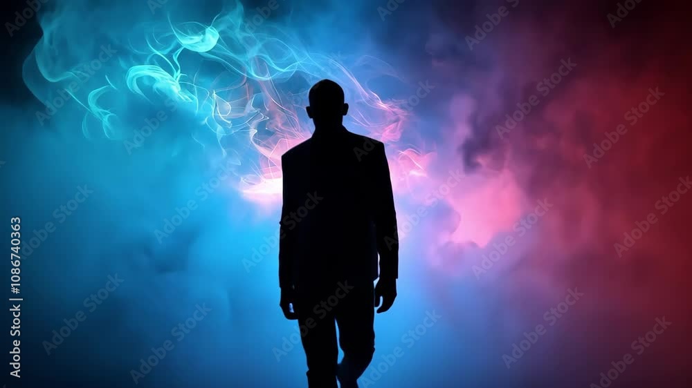 A silhouette of a person walking towards a vibrant swirl of blue and orange flames in a misty environment. A silhouette of a person walking towards a vibrant swirl of blue and orange flames in a misty environment.