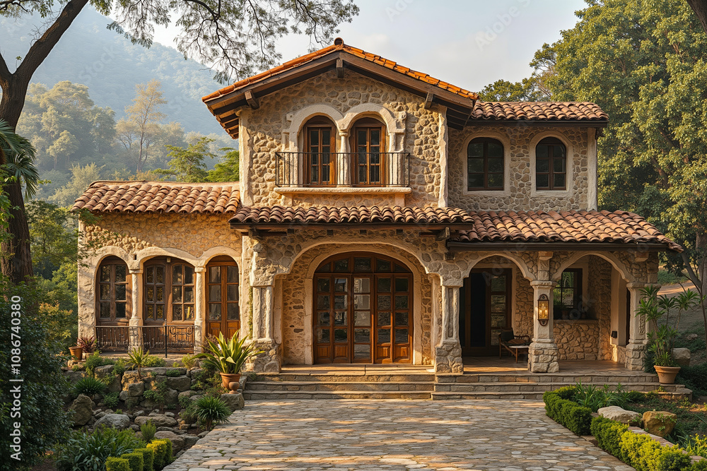 A stone house with a stone walkway leading to the front door A stone house with a stone walkway leading to the front door