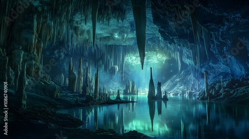 A magical, ethereal cave with a shimmering lake reflecting the light from above.