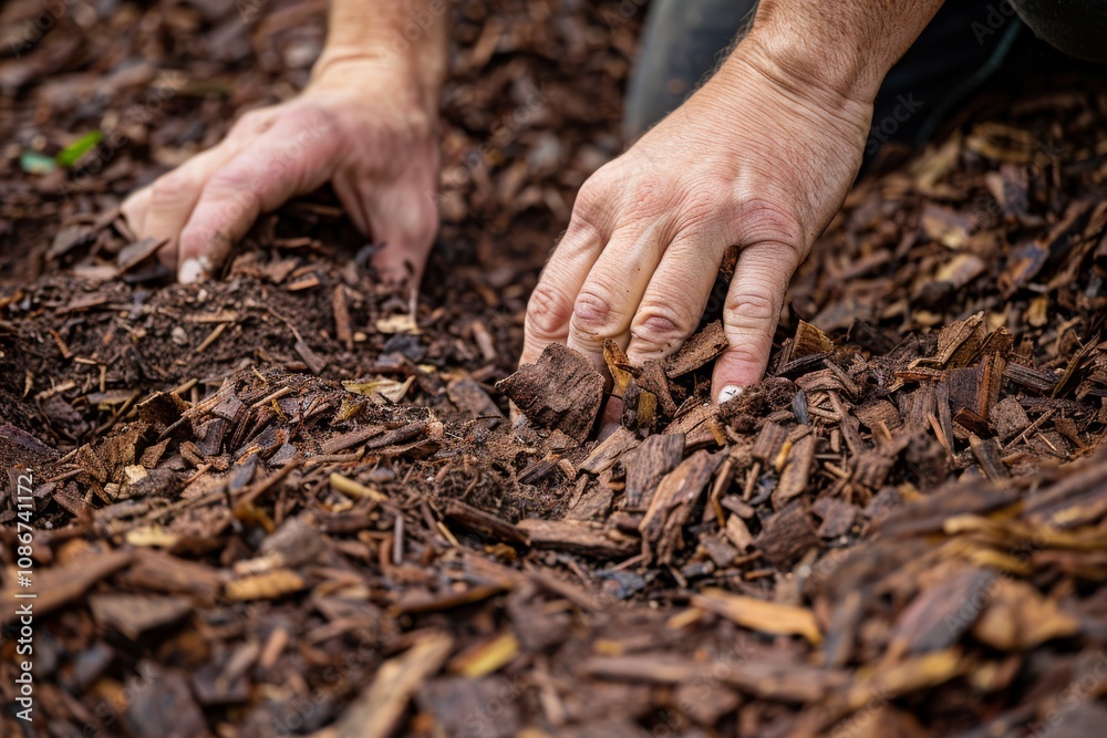Hands mulching soil with bark chips in garden, mulch closeup, crushed wood pieces, copy space