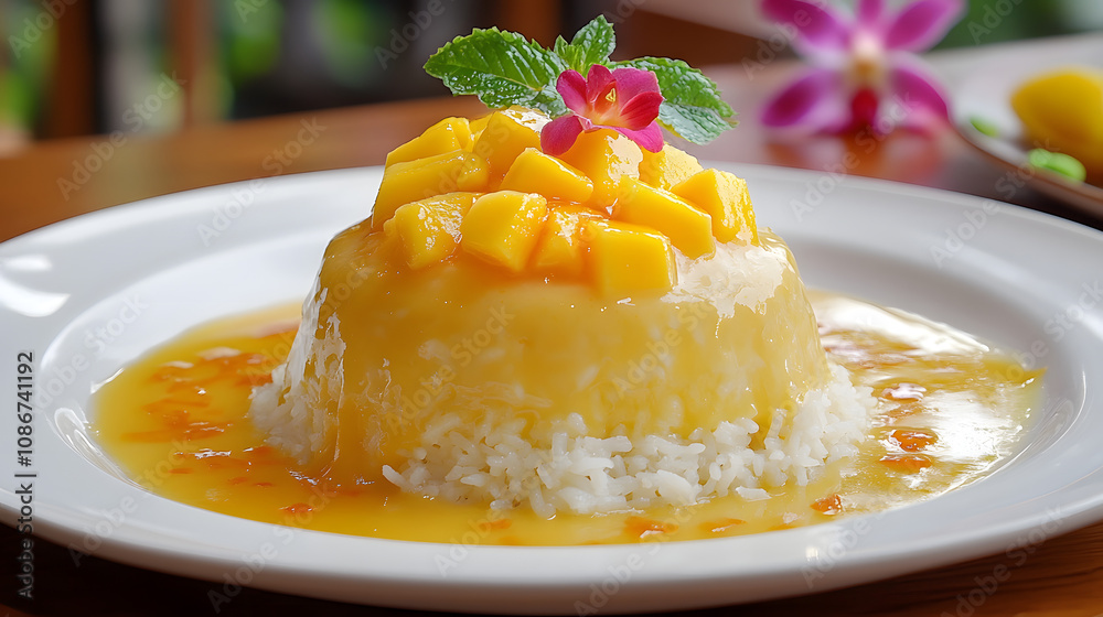 Mango Sticky Rice: A Harmonious Blend of Rich Flavors with Ripe Mango and Creamy Coconut Served on Warm Glutinous Rice Mango Sticky Rice: A Harmonious Blend of Rich Flavors with Ripe Mango and Creamy Coconut Served on Warm Glutinous Rice