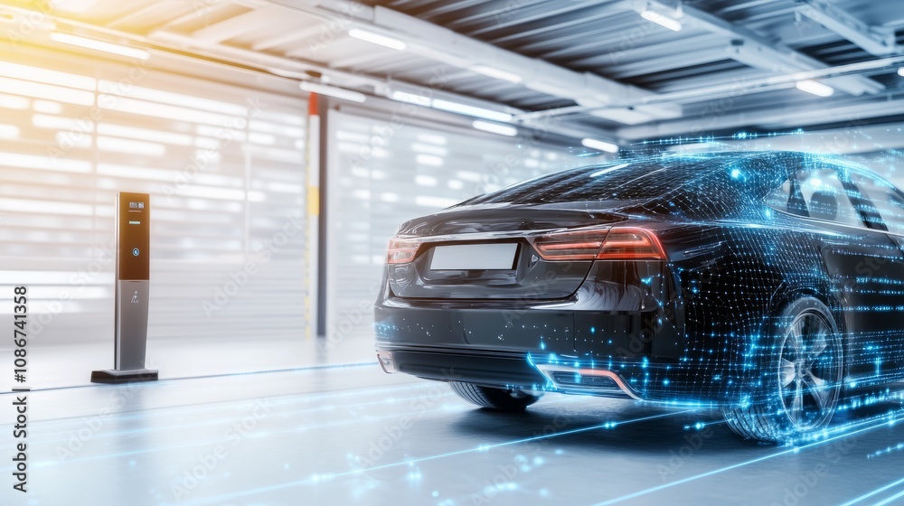 A high-tech garage entrance with a car entering under a digital security scanner, symbolizing restricted access A high-tech garage entrance with a car entering under a digital security scanner, symbolizing restricted access