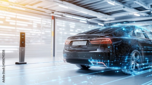 A high-tech garage entrance with a car entering under a digital security scanner, symbolizing restricted access