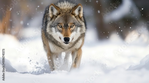 A solitary wolf moves stealthily through the snow-covered landscape, demonstrating its instinctual hunting skills while tracking prey in a frozen wilderness setting. photo