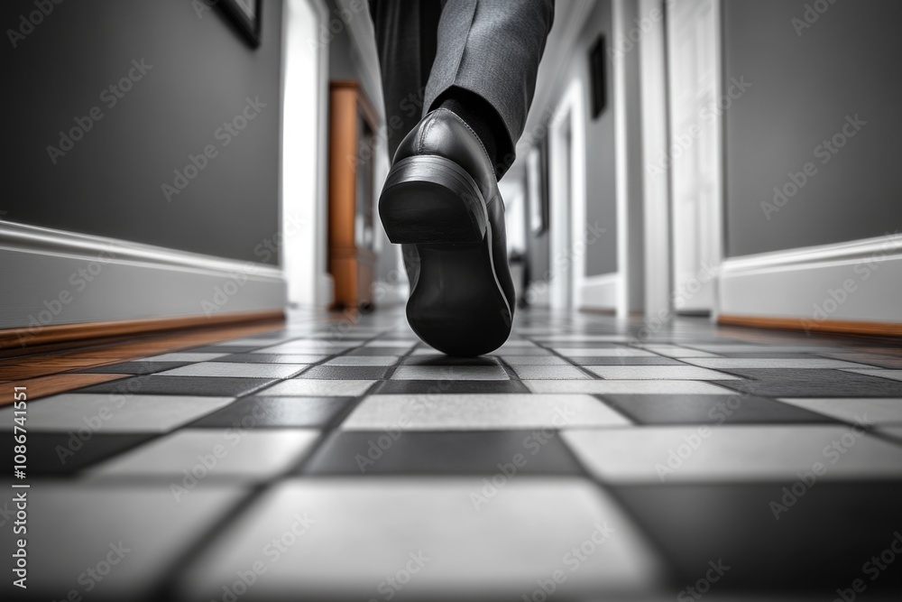 Walking confidently: businessman in formal shoes striding down a checkered hallway